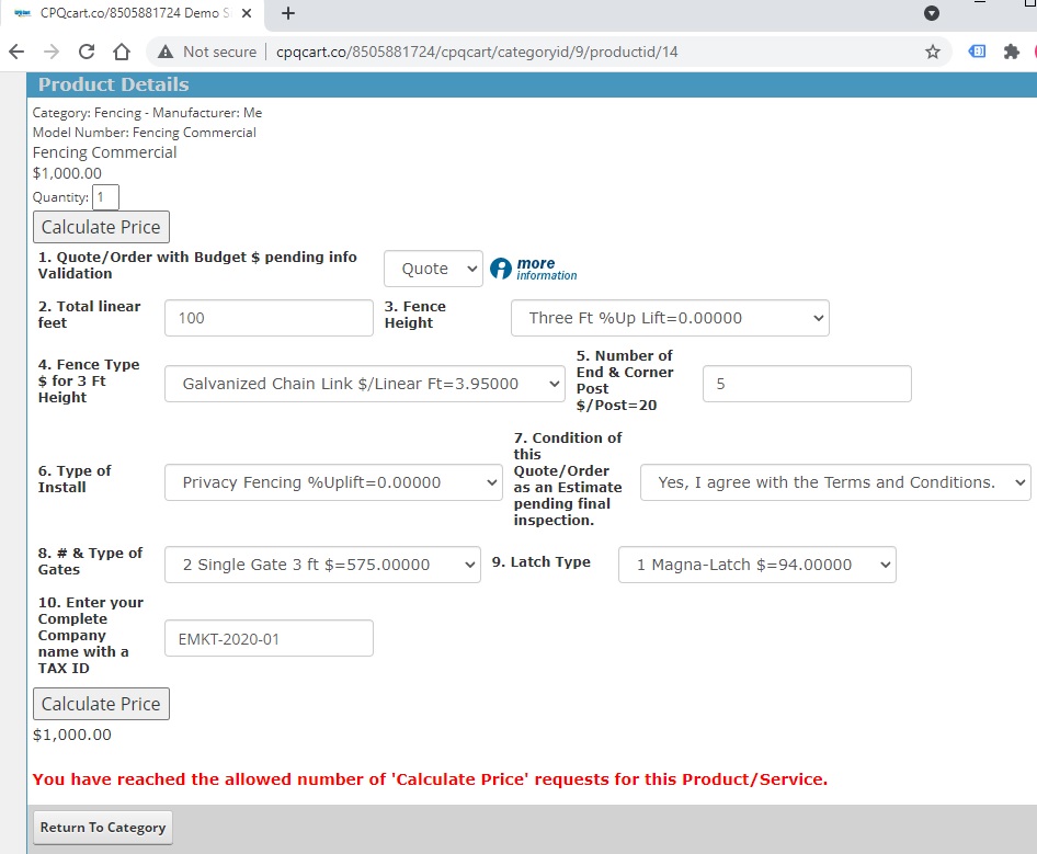 # of allowed Calculate Price